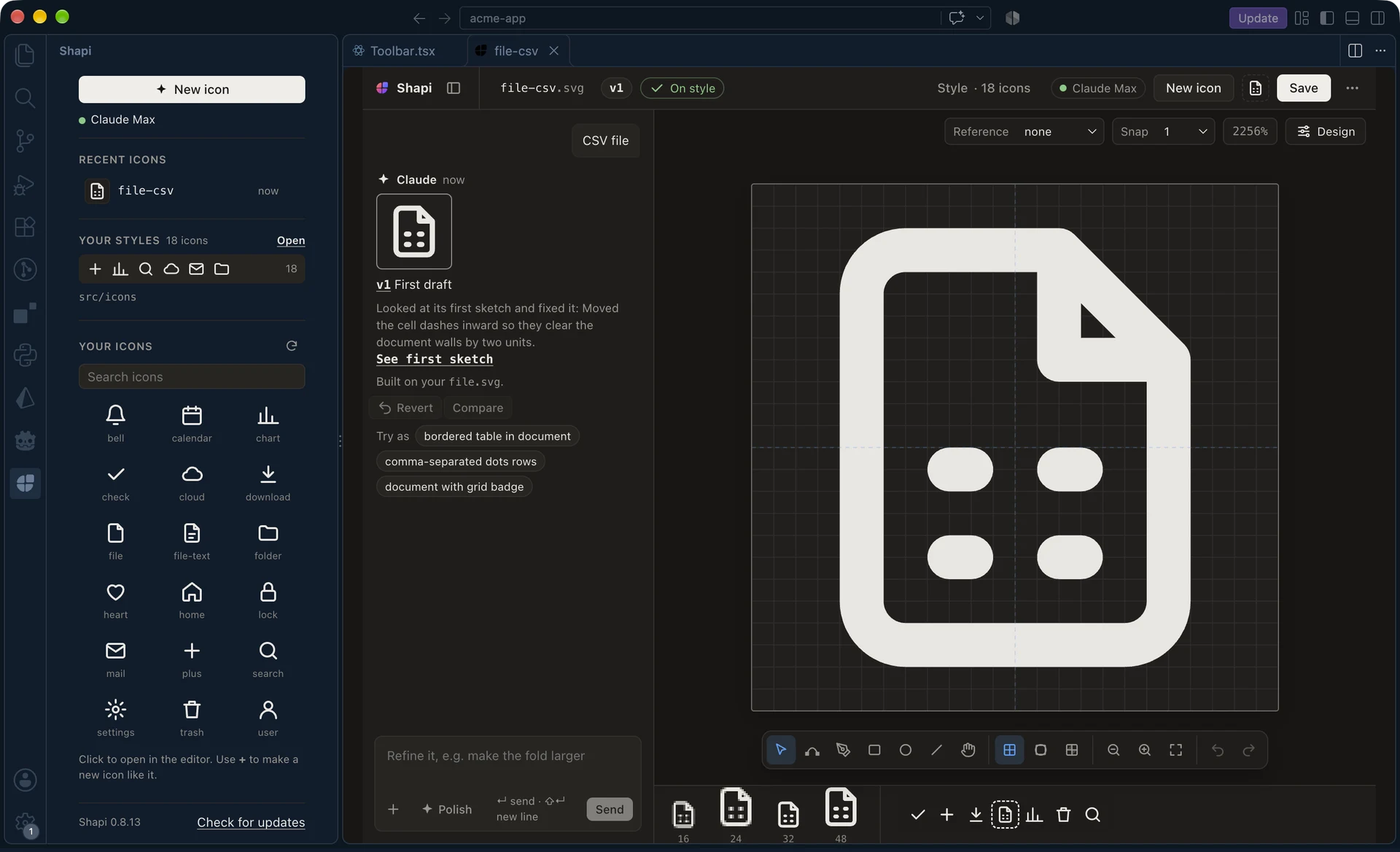 Shapi in VS Code: your icons in the sidebar, and a new icon on the canvas next to the chat.